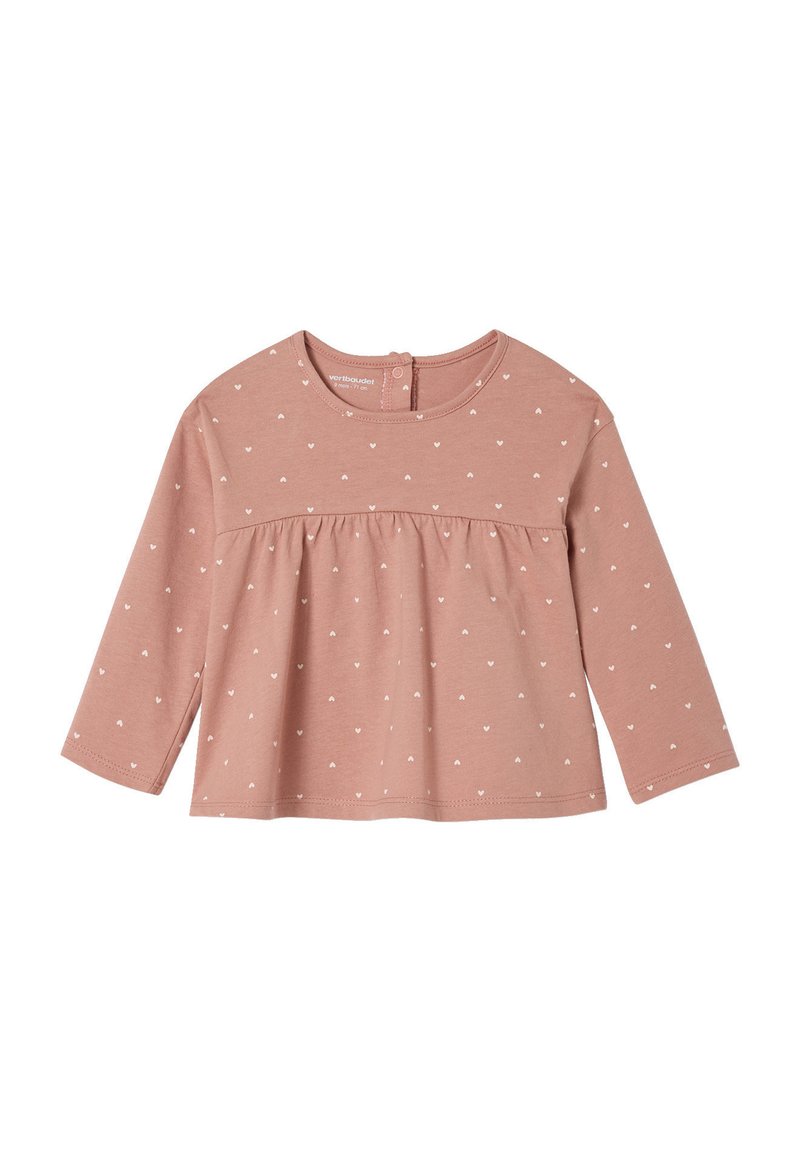 Langärmliges, blassrosa Oberteil aus Baumwolle mit weißen Herzmustern, runden Ausschnitt und gerafftem Taillendesign mit Knopfverschluss.