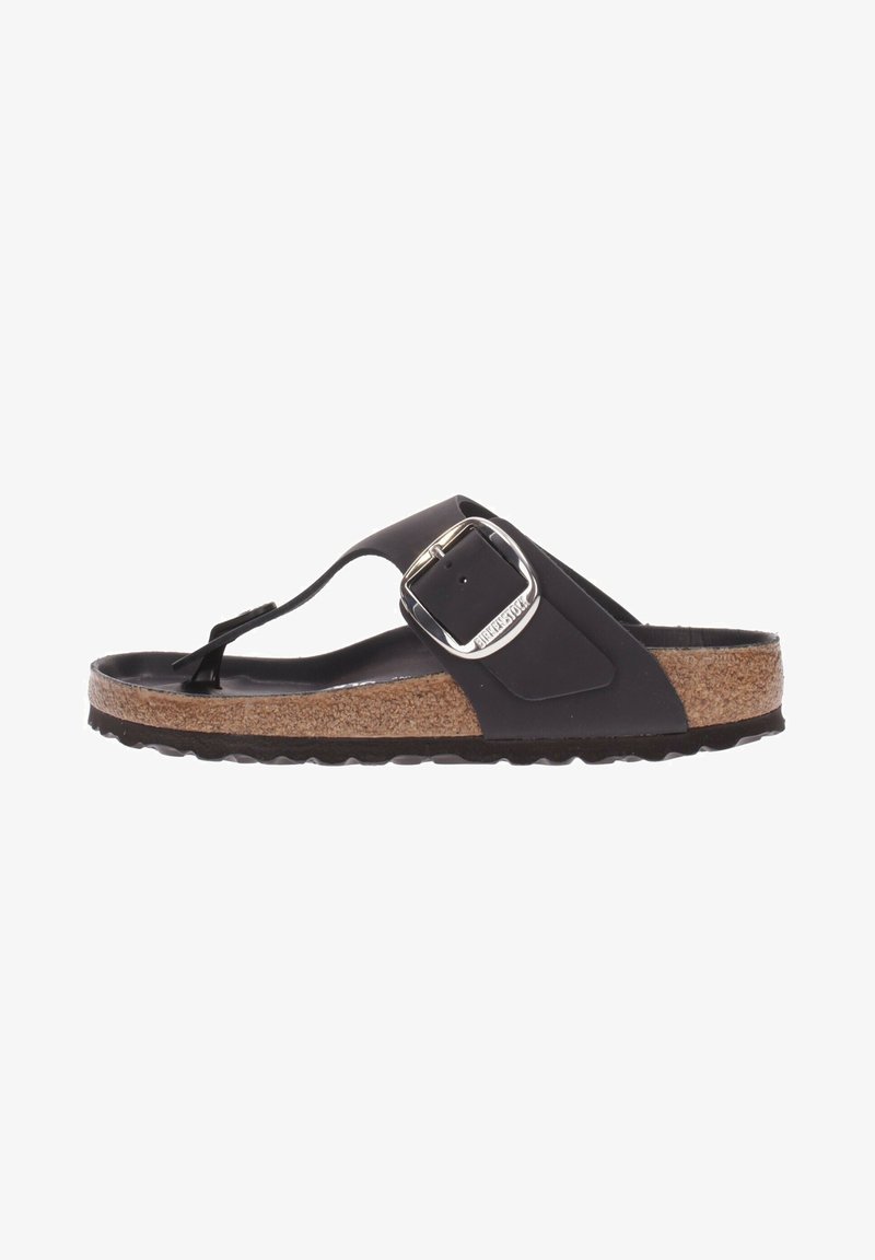 Sortt thong sandal med spænde, korksål og tekstureret gummisåle. Har et glat overmateriale og minimalistisk design.