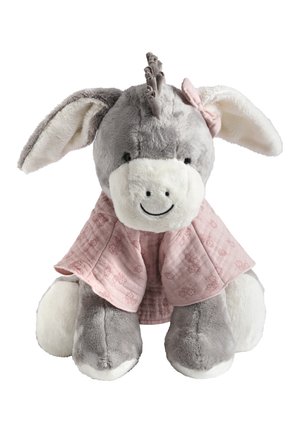 Gray plush stuffed animal with large ears, a pink floral-patterned scarf, and a smiling face. Soft texture and rounded body shape.