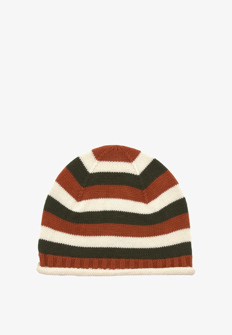 Strickmütze mit abwechselnden Streifen in Rost, Creme und Dunkelgrün. Verfügt über einen gerippten Saum und eine abgerundete Krone. Strukturiert.