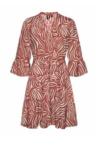 Robe fleurie en rouille et crème avec des manches longues, un décolleté en V et un ourlet à volants en niveaux. Fabriquée en tissu léger avec un design fluide.