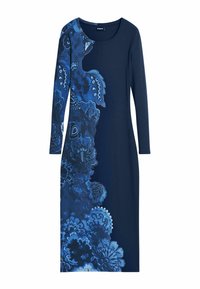 Langärmliges Kleid aus dunkelblauem geripptem Material, mit einem blauen Blumenmuster auf der linken Seite. Rundhalsausschnitt, figurbetonte Silhouette.
