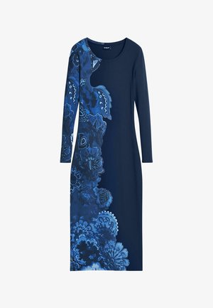 Langärmliges Kleid aus dunkelblauem geripptem Material, mit einem blauen Blumenmuster auf der linken Seite. Rundhalsausschnitt, figurbetonte Silhouette.