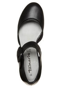 Chaussure Mary Jane en cuir noir avec bride à boucle ajustable et semelle intérieure blanche rembourrée, taille 37.