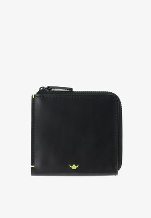Portefeuille zippé en cuir noir avec surpiqûres vert néon et petit logo de casque viking au centre avant.