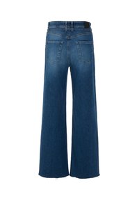Weit geschnittene Jeans aus Denim in Dunkelblau mit hohem Bund, Fünf-Taschen-Design und ausgefranstem Saum am unteren Ende.