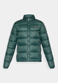 Green puffer jacket with full front zipper, high collar, side zip pockets, and Calvin Klein logo patch on the chest.