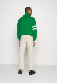 Grüner Strick-Turtleneck-Pullover mit weißen Streifen an den Ärmeln, kombiniert mit beigen geraden Hosen und schwarzen Schuhen, von hinten betrachtet.