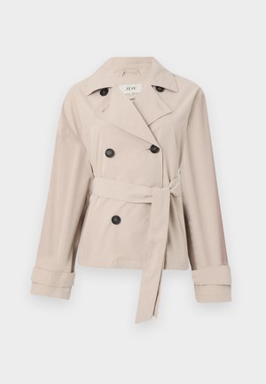 Beige doppelreihiger Trenchcoat mit gebundenem Taillengürtel, großen schwarzen Knöpfen, breiten Revers und umgeschlagenen Ärmeln. Glattes, leichtes Material.