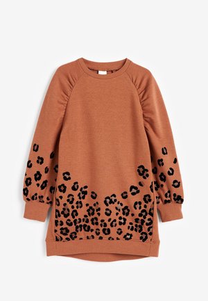 Langærmet brun sweatshirt-kjole med sort leopardprint på ærmerne og den nederste front, rund halsudskæring og ribstrikkede manchetter.