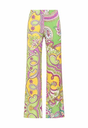 Pantaloni a gamba larga con vivaci motivi paisley gialli, verdi e rosa su sfondo bianco.