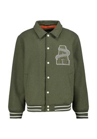 Olive green wool blend jacket featuring a button-front closure, ribbed cuffs, and hem, with a prominent embroidered "A" logo on the chest.