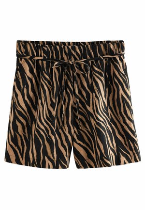 Pantaloni corti a righe tigre neri e beige con vita elastica e cordoncino. Tessuto leggero con vestibilità comoda e consistenza sottile.
