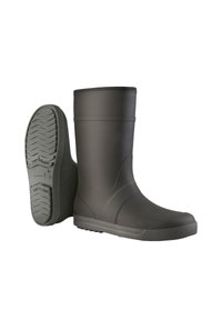 Schwarze Gummistiefel mit glatter Oberfläche, runder Zehenpartie und gerippter Oberkante. Die Sohle weist ein markantes Profil für besseren Halt auf.