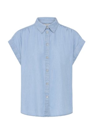 Chemise bleu clair à manches courtes avec col et poignets retroussés, fabriquée en tissu chambray doux.