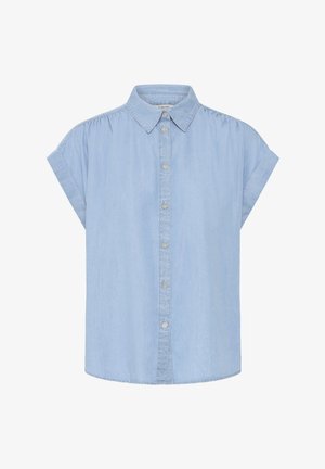 Cămașă cu mânecă scurtă, albastru deschis, cu nasturi și guler, manșete întoarse, realizată din stofă chambray moale.