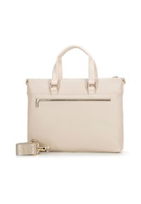 Bolsa de portátil sintética beige con asas dobles, un bolsillo frontal con cremallera y una correa desmontable. Textura suave con acentos de herrajes dorados.