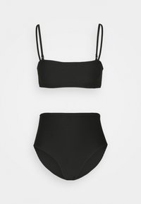 Black bikini set with a textured ribbed design. The top features thin adjustable straps, while the bottoms are high-waisted.
