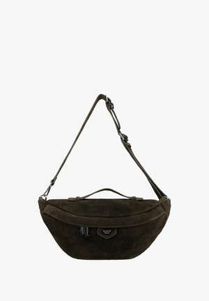 Ciemnobrązowa torba typu crossbody ze skóry zamszowej z regulowanym paskiem, uchem do ręki i przednią kieszenią na suwak.