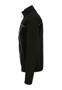 Zwart zip-up jack met een hoge kraag, voorzien van witte stiksels, elastische manchetten en een zijvak met rits. Glad stoftextuur.