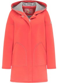 Cazadora con capucha color coral y forro gris, con cremallera completa, dos bolsillos frontales y costuras de contraste. Presenta una capucha ajustable con cordón.