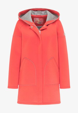 Korallfärgad hoodie-jacka med grå insida, full zip, två framfickor och kontrasterande sömmar. Har en justerbar huva.