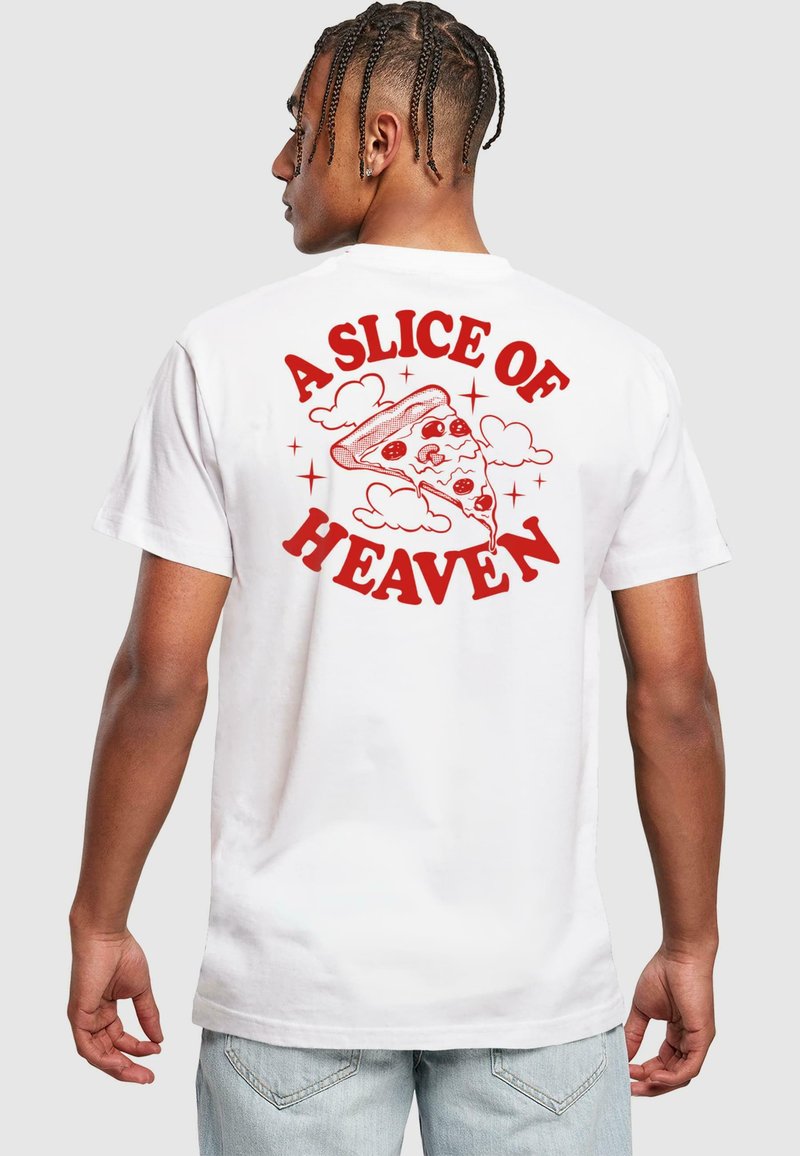White cotton t-shirt featuring a red graphic design of a pizza slice with clouds and the text "A SLICE OF HEAVEN" above it.