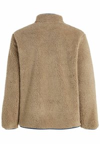 Veste polaire beige à manches longues et col haut vue de dos sur fond blanc.