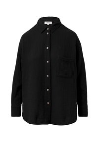 Zwarte button-up shirt gemaakt van textuurstof, met een kraag, lange mouwen, een borstzak en roségouden knopen.