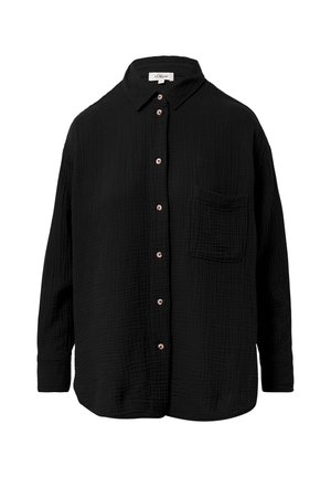 Czarna koszula z guzikami, wykonana z teksturowanej tkaniny, z kołnierzykiem, długimi rękawami, kieszenią na piersi i guzikami w kolorze różowego złota.