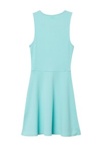 Mintgrünes ärmelloses Kleid mit taillierter Oberseite und ausgestellt A-Linie-Rock. Gefertigt aus einem glatten, strukturierten Stoff ohne zusätzliche Verzierungen.