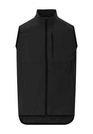 Zwarte, mouwloze vest gemaakt van lichtgewicht stof. Kenmerkt zich door een hoge kraag, een volledige rits aan de voorkant en een borstzak. Glad met een zachte textuur.