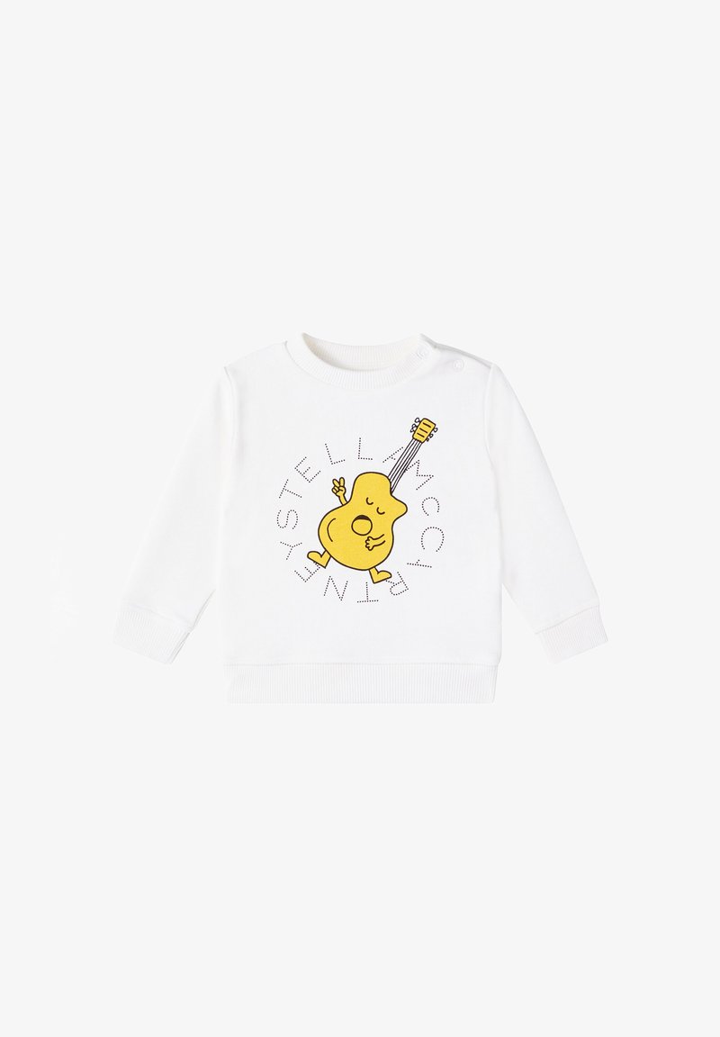 Sweatshirt bébé blanc à manches longues avec un personnage de guitare jaune en dessin animé et le texte "Stella McCartney" disposé en cercle.