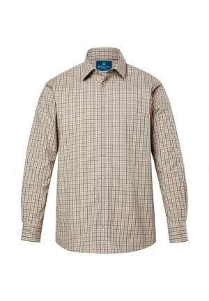 Beżowa koszula z długim rękawem zapinana na guziki, w czarno-białą kratkę, z kołnierzykiem typu spread i metką Boston Park wewnątrz kołnierza.