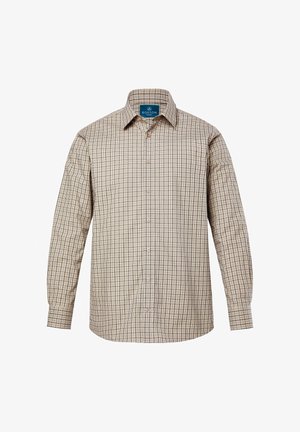 Beżowa koszula z długim rękawem zapinana na guziki, w czarno-białą kratkę, z kołnierzykiem typu spread i metką Boston Park wewnątrz kołnierza.