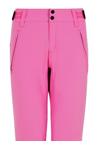 Roze broek van soepel stof met twee voorkruimelzakken, dubbele knoopsluiting en zwarte accenten op de tailleband en zakken.