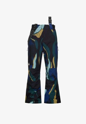 Pantaloni da sci con un motivo astratto multicolore in tonalità di blu scuro, verde e oro. Presentano bretelle regolabili e tasche con zip.