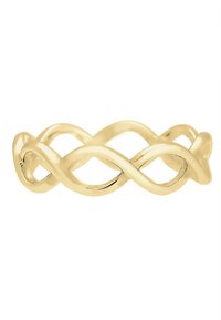 Guldring med en sammanslingrad design liknande oändlighet, med en slät och polerad yta. Ringen är rundad och har ett enhetligt flöde.