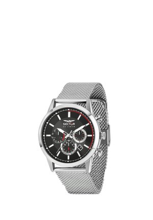 Orologio con cinturino in metallo a rete argento, quadrante nero, tre sottoquadranti, indici bianchi delle ore e nome del marchio Sector No Limits sul quadrante.