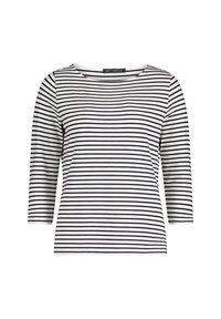 Gestreifter 3/4-Ärmel-Oberteil in Weiß und Schwarz, mit weitem Bootsausschnitt und figurbetonter Silhouette, aus einem weichen, dehnbaren Stoff gefertigt.