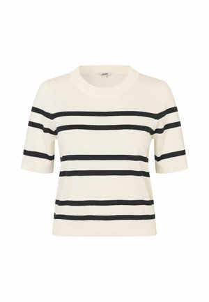 Kraša ar īsām piedurknēm krēmkrāsā ar horizontālām melnām svītrām. Ada ar tekstūru, apaļa dekoltē, brīva piegriezuma. Vienkāršs un universāls dizains.