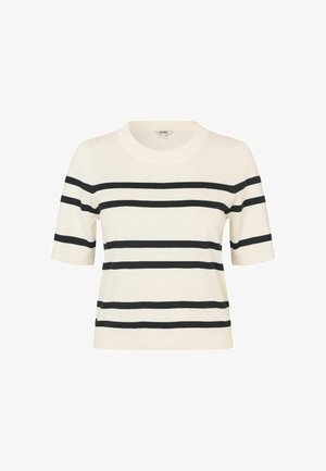 Rövidujjú pulóver krém színben, vízszintes fekete csíkokkal. Kötött textúra, kerek nyakkivágás és kényelmes szabás. Egyszerű és sokoldalú dizájn.