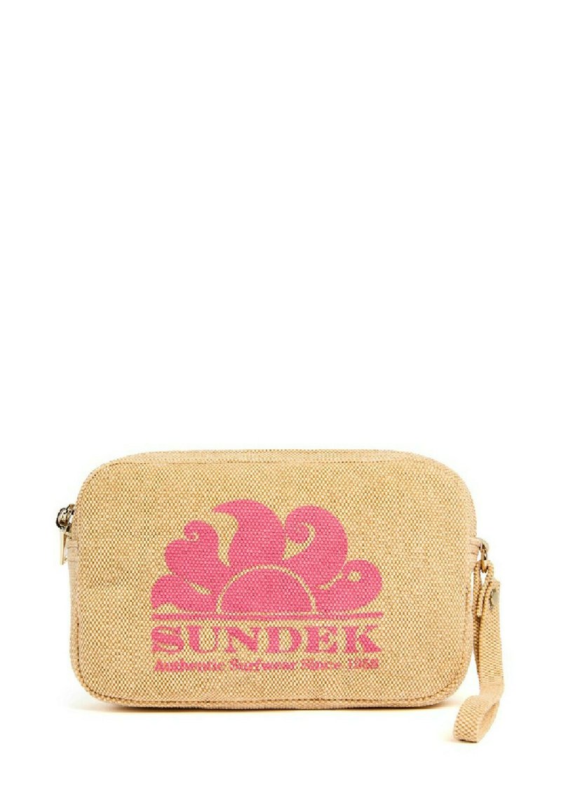 Pochette en tissu texturé beige avec fermeture éclair, ornée d'un motif floral rose audacieux et du mot "SUNDEK" imprimé en dessous.