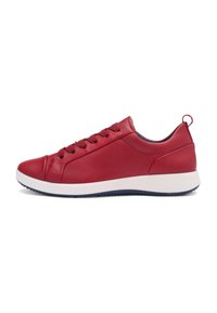 Red leather sneaker with a rounded toe and white sole. Features six lace eyelets and a small heel tab. Smooth texture, minimalist design.