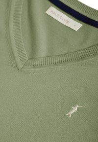 Pull vert en maille avec col en V et bordure marine. Comprend une petite figure brodée en blanc. Texture douce, lignes épurées et design minimaliste.