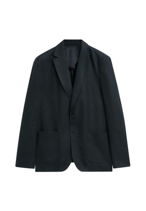 Blazer nero monopetto con rever a lancia e due tasche applicate frontali, esposto su sfondo bianco.