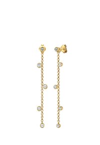 Guld kædeøreringe med flere klare krystalkanter, der har et delikat design og en blanding af størrelser langs kædets længde.