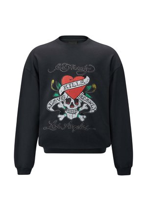 Černá mikina s potiskem lebky zdobenou červeným srdcem a páskou s nápisem "Láska zabíjí pomalu," s zelenými akcenty a textem.