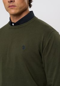 Oliven grønn genser med ribbestrikket rund hals, myk strikketekstur, med en liten marineblå logo på brystet og en lagdelt svart skjorte med krage under.