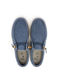 Blue suede shoes with a rounded shape, elastic laces, wooden accents, and a textured sole. Interior features printed branding details.